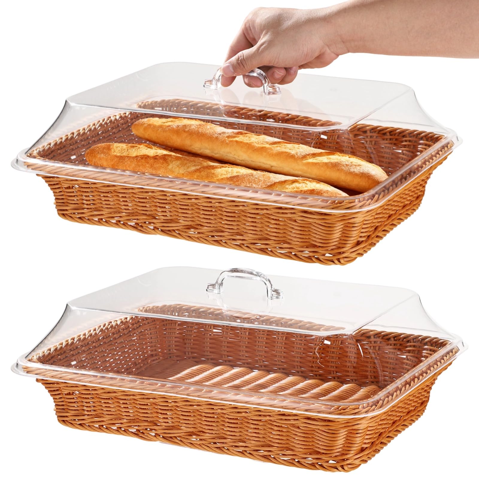 Photo 1 of 2 PCS Imitation Rattan Bread Baskets, 15.8 x 11.8 in Large Wicker Bread Baskets with Acrylic Lids, Rattan Food Serving Tray for Kitchens, Dining Tables, Restaurants