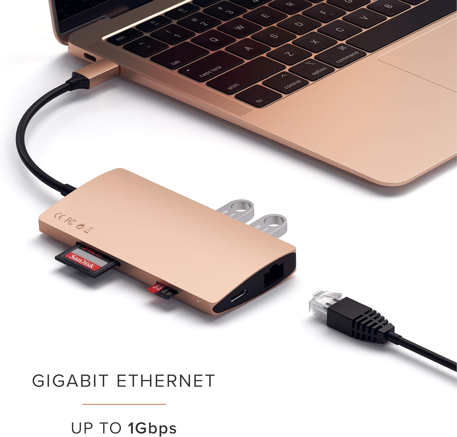 Satechi Aluminum Multi-Port Adapter V2-4K HDMI (30Hz), Gigabit Ethernet, USB-C Pass-Through, SD/Micro Card Readers, USB 3.0 - Compatible with 2020 MacBook Pro, 2020/2018 MacBook Air (Gold): Electronics