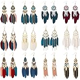 Kinimore 12 Pairs Women Feather Earrings Vintage Bohemian Earrings Long Drop Dangle Earrings Set With Dream Catcher Design