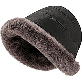Molans Winter Furry Bucket Hat for Women — Velvet Thickened Rolled Brim Faux Fur Cloche Hat Foldable Soft Cap with Lining