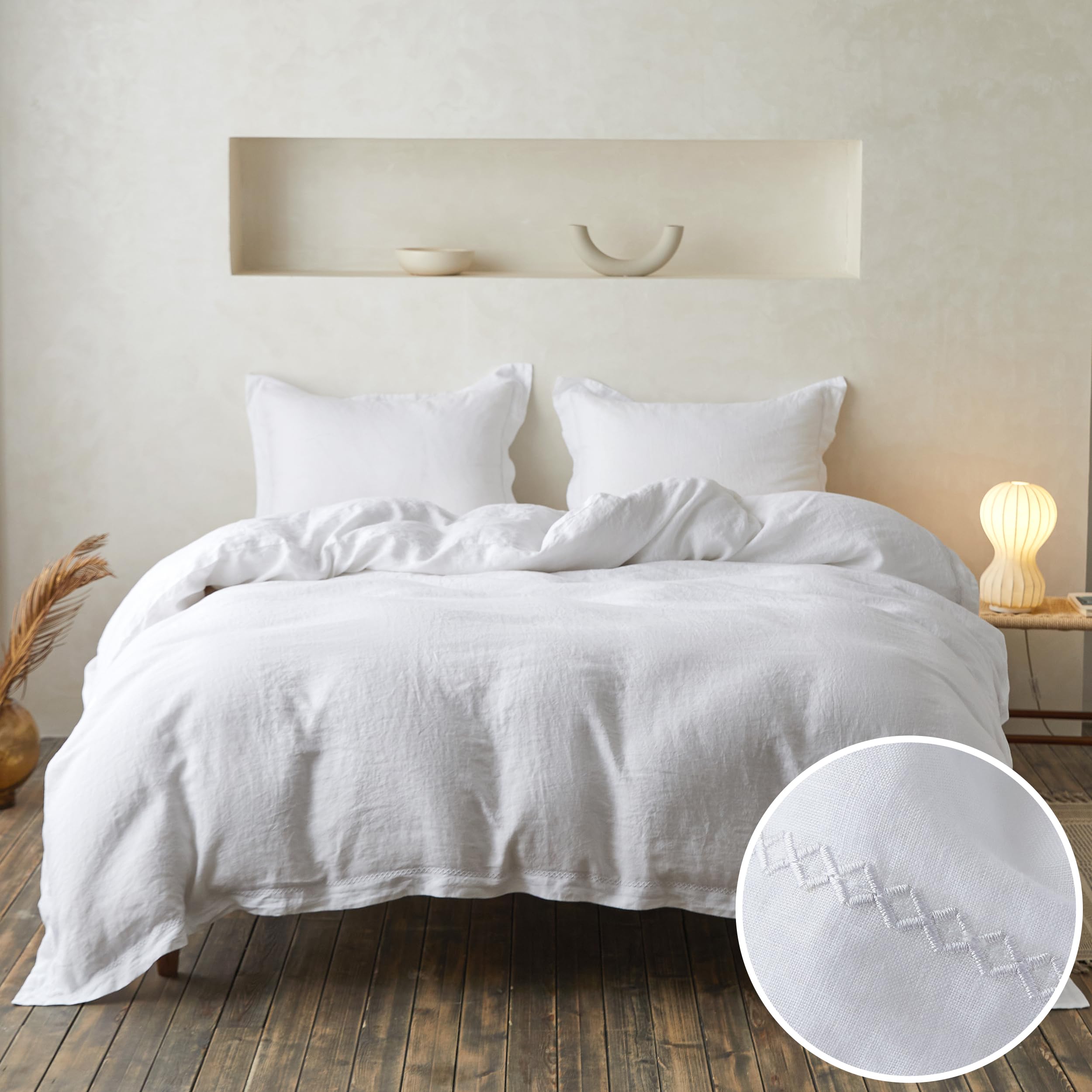 Photo 1 of Simple&Opulence 100% Linen Duvet Cover Set with Crossed Embroidery Washed - 3 Pieces (1 Duvet Cover with 2 Pillow Shams) Soft Breathable Farmhouse - White, King Size