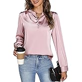 Womens Satin Silk Blouse Long Sleeve Button Front V Neck Shirt Business Casual Work Tops Lightweight Elegant Office Wear