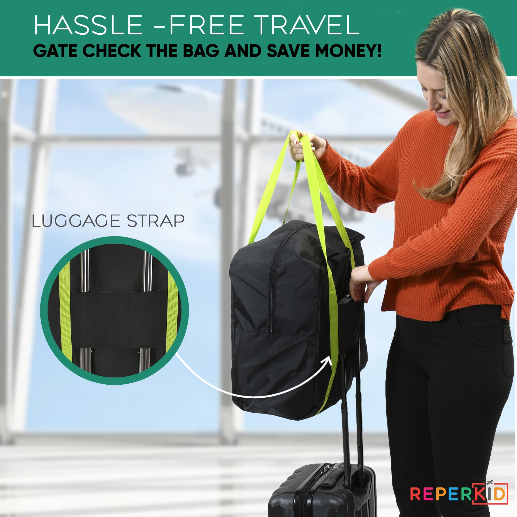 Reperkid Booster Seat Travel Bag for Airplane, Black and Green, 17