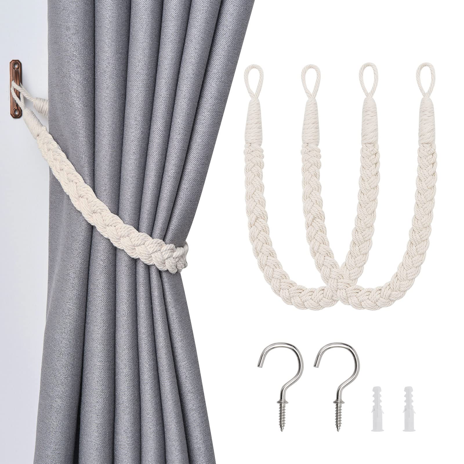 Pretty Jolly 2 Pack Natural Cotton Rope Curtain Tiebacks Elegant Boho Style Decorative Drape Tie Backs Soft Hand-Woven Rope Curtain Holdbacks with Metal Hook for Home & Office Drapery (Beige) — image 1
