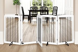 PUPETPO Freestanding Dog Gates with Door Walk Through, Dog Gate for Stairs, 80 inch Wide Dog Gates Indoor, Dog Fences Indoor, Support Feet Included, 4 Panels, 32" Tall, White & Black