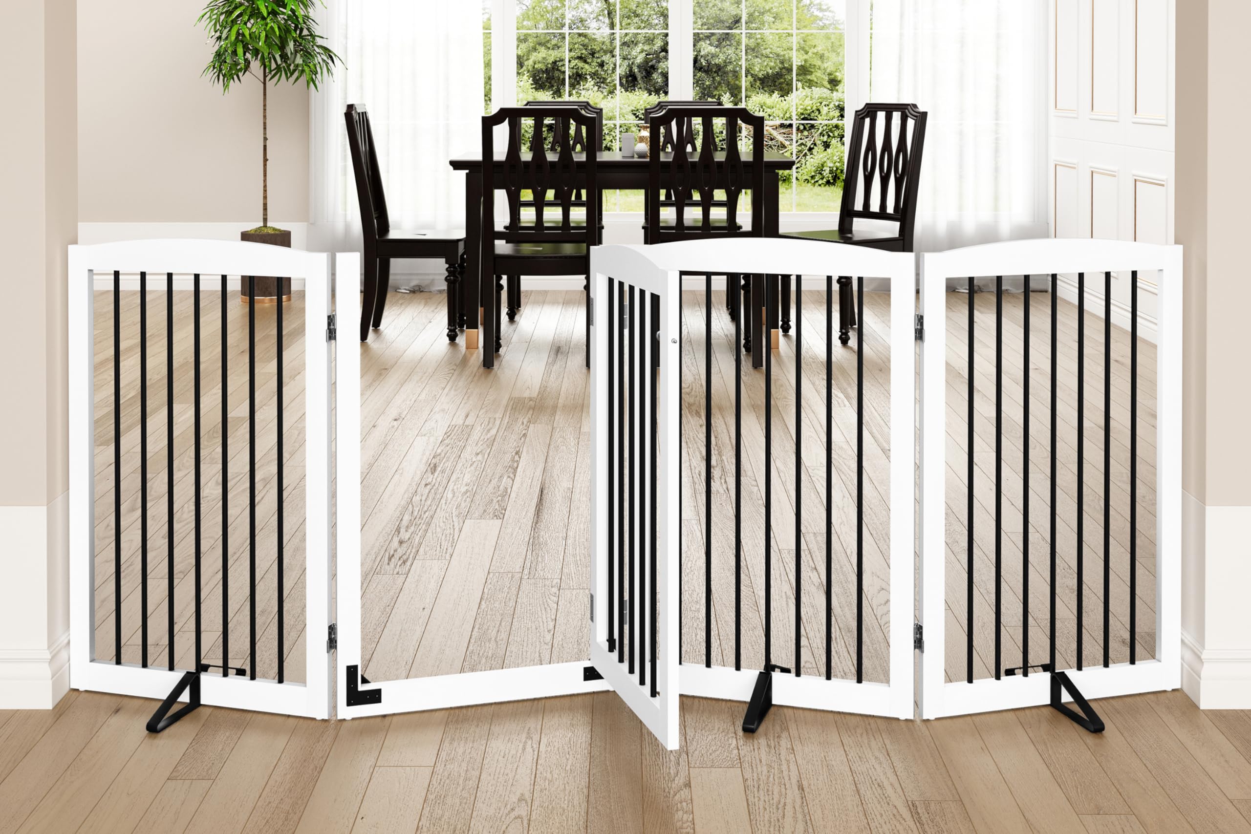Photo 1 of PUPETPO Freestanding Dog Gates with Door Walk Through, 80 inch Wide Gates Indoor, Dog Fences Indoor, Support Feet Included, 4 Panels, 32" Tall, White & Black