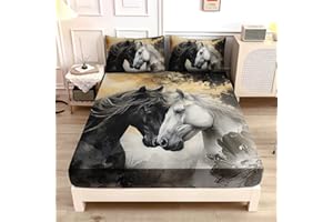 UEVBF Black White Horses Fitted Sheets Aesthetics Bedding Queen Size,Golden Ink Painting Flora Bedding Set for Kids Adults Boys Girls Bedroom Horse Decor,1 Fitted Sheet+2 Pillowcases.