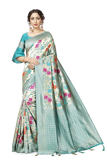 Divaastha Sky Blue Lichi Silk Floral Print Saree with Blouse Piece (APP007RAMA)