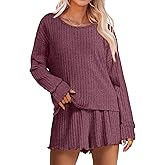 ANRABESS Women's 2 Piece Lounge Pajama Sets Casual Ribbed Long Sleeve Top Matching Shorts Sleepwear PJ Set 2025 Fall Outfits