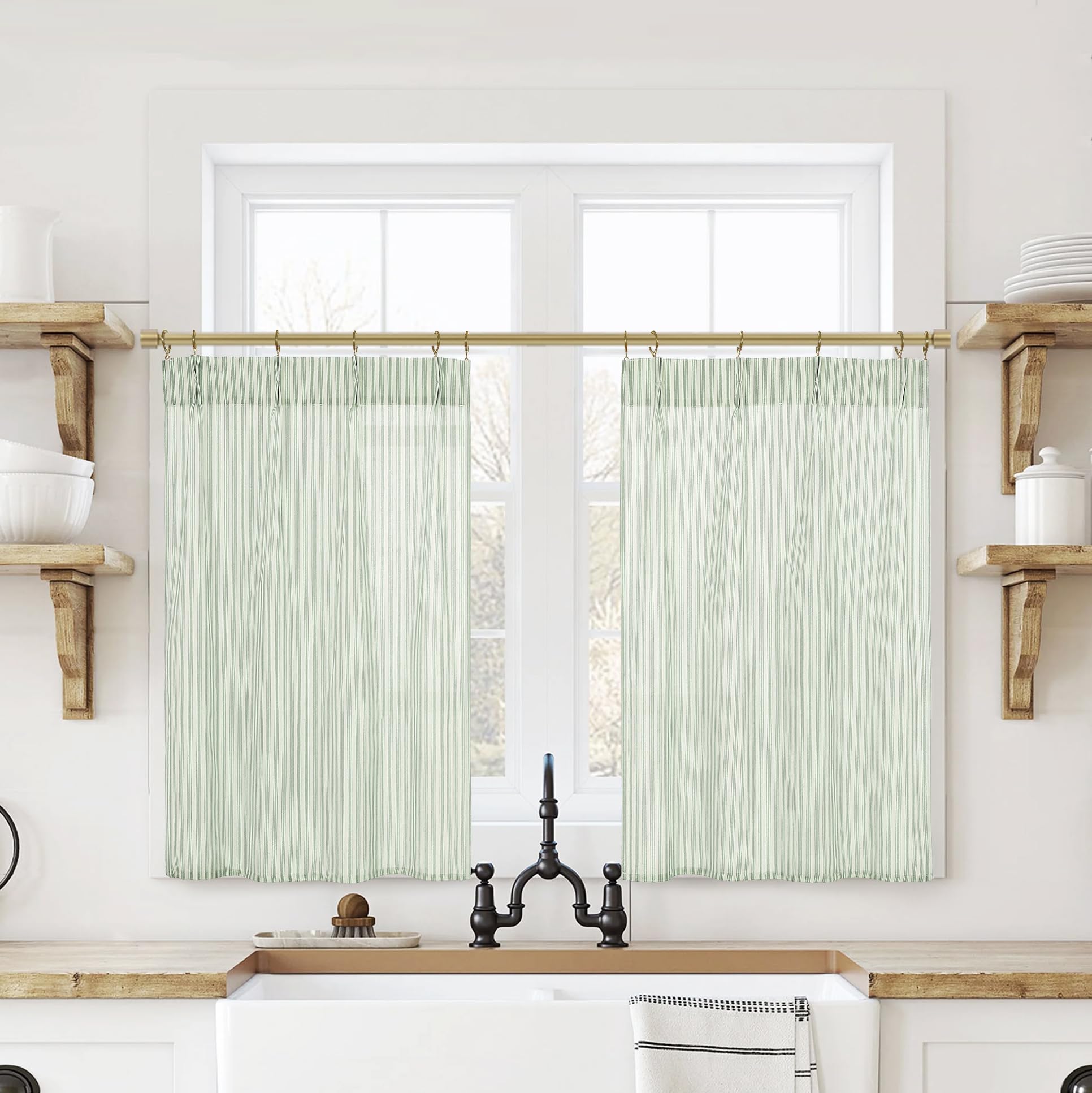 Photo 1 of Sage Green Kitchen Curtains for Cafe,Boho Striped Pattern Sheer Linen Farmhouse Country Cottagecore Curtains for Small Half Window 24 Inch Length