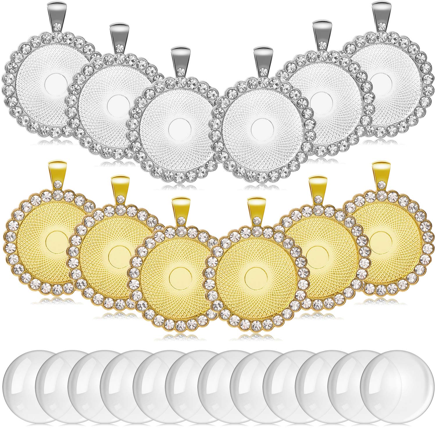 Photo 1 of 12 Pieces Rhinestone Diamond Pendant Trays 25 mm Round Bezel Pendant Trays and 12 Pieces Transparent Glass Cabochons for Photo Jewelry Craft DIY Making(Gold and Sliver)