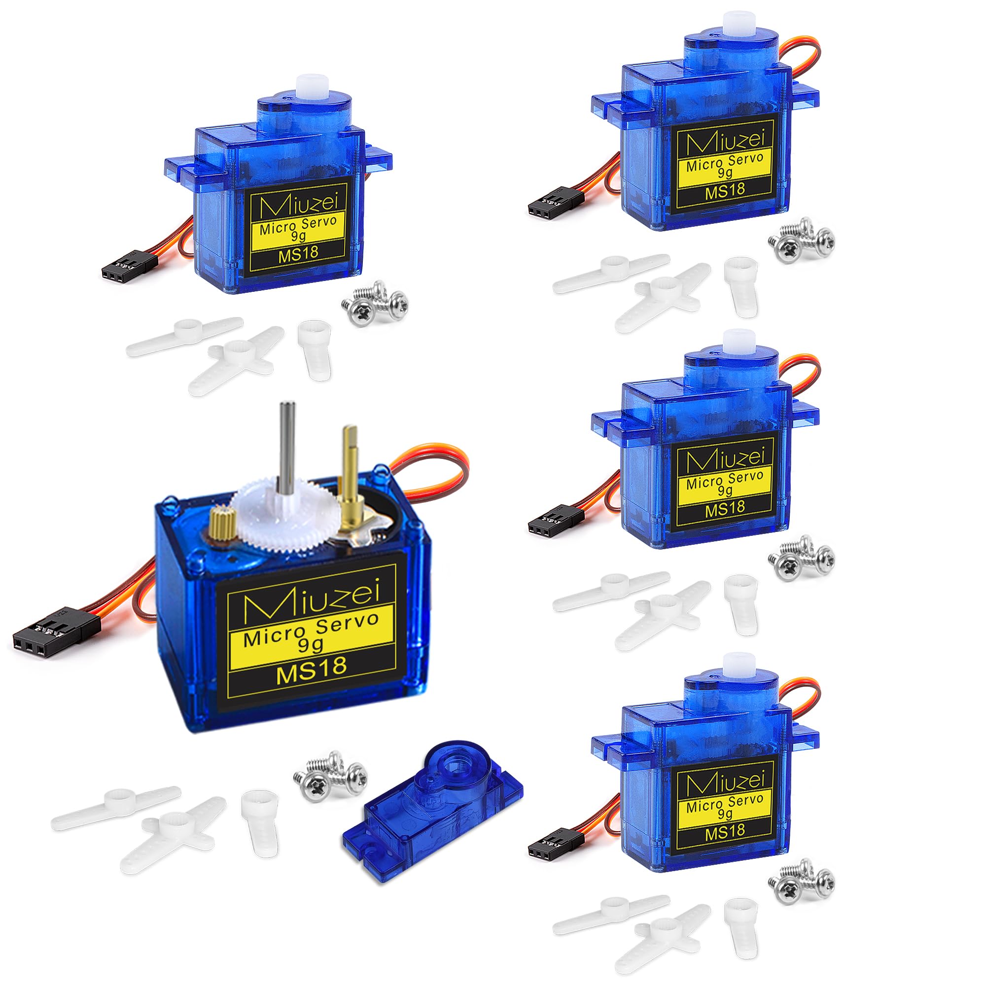 Miuzei 5 Pcs 9G Micro Digital Servo Metal Geared Motor Kit for RC Robot Arm Helicopter Car Boat Control with Cable, Mini Servos for Arduino Project — image 1