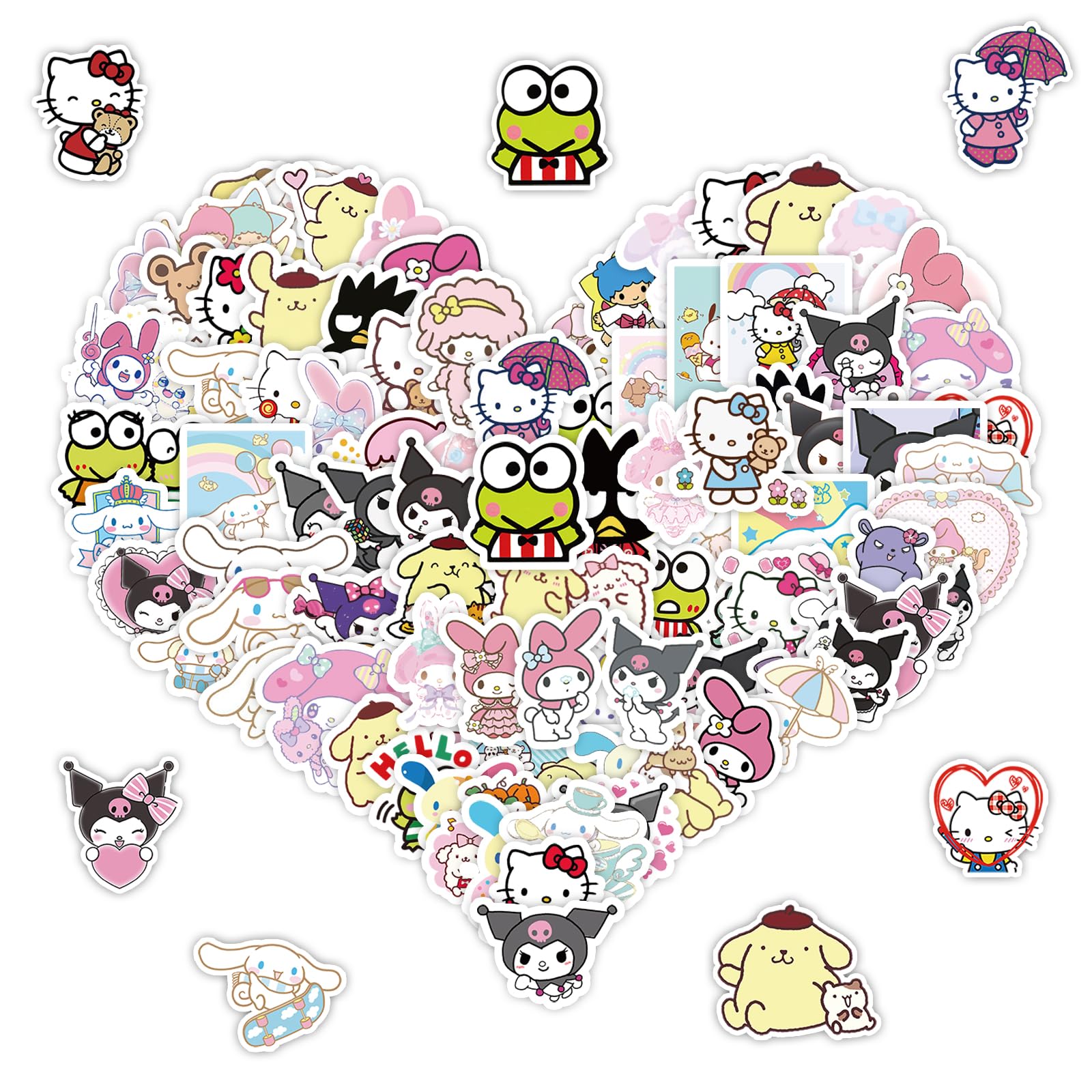 100PCS Sanrio Cartoon Stickers for Kids, Hello Cat Kitty Kuromi Mymelody Cinnamoroll, Travel Case, Phone, Bike, Water Bottle, Guitar, Computer, Skateboard (100 slo)