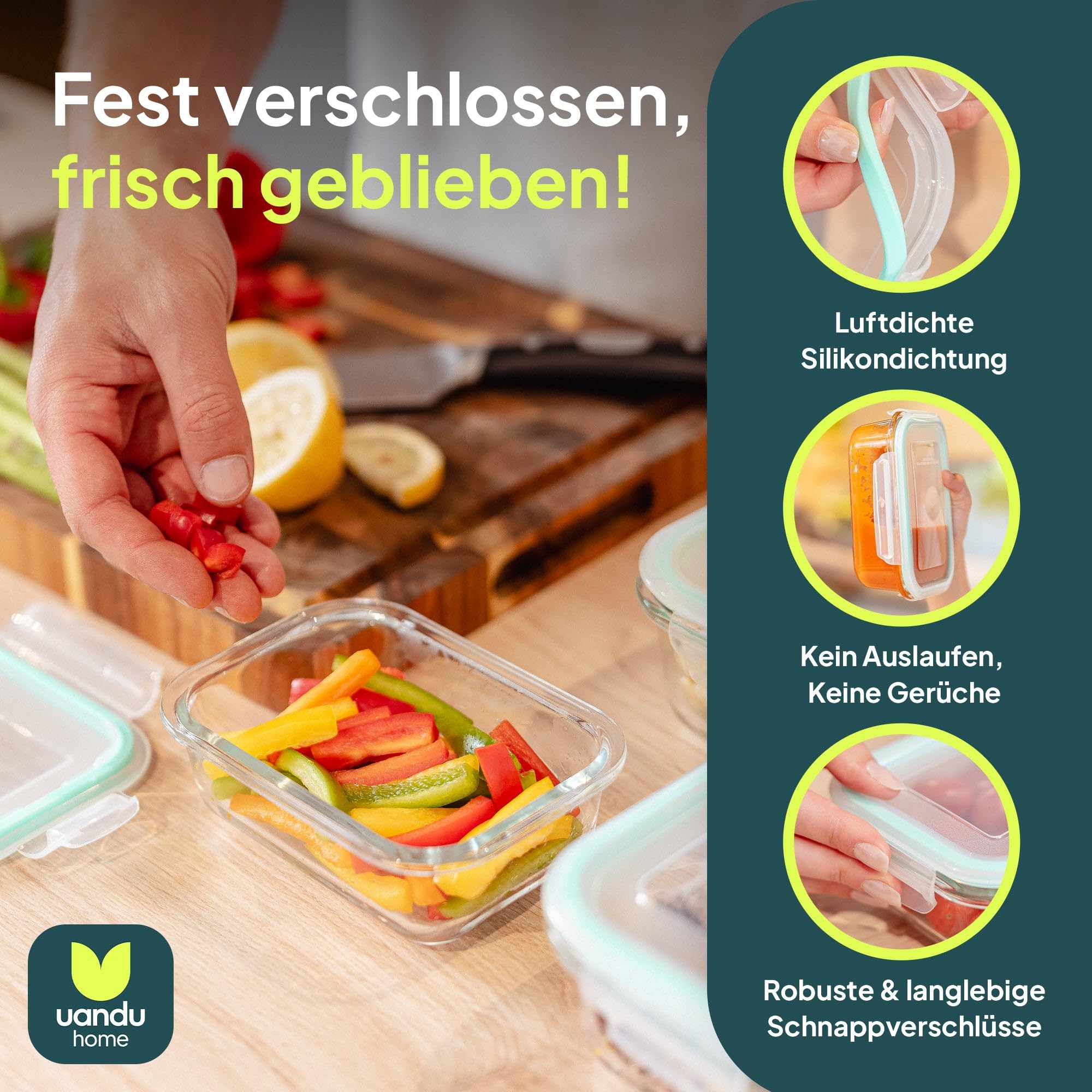 uandu Glasbehälter mit Deckel – Meal Prep Boxen Set 8-teilig – Frischhaltedosen Glas BPA-frei – Spülmaschinen-, Mikrowellen- & Gefrierschrankgeeignet 3