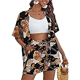 REDHOTYPE Women's 2 Piece Outfits Kimono Style Tropical Print Cover Ups Half Sleeve Blouse Shorts Set Summer Beachwear （S-XL）
