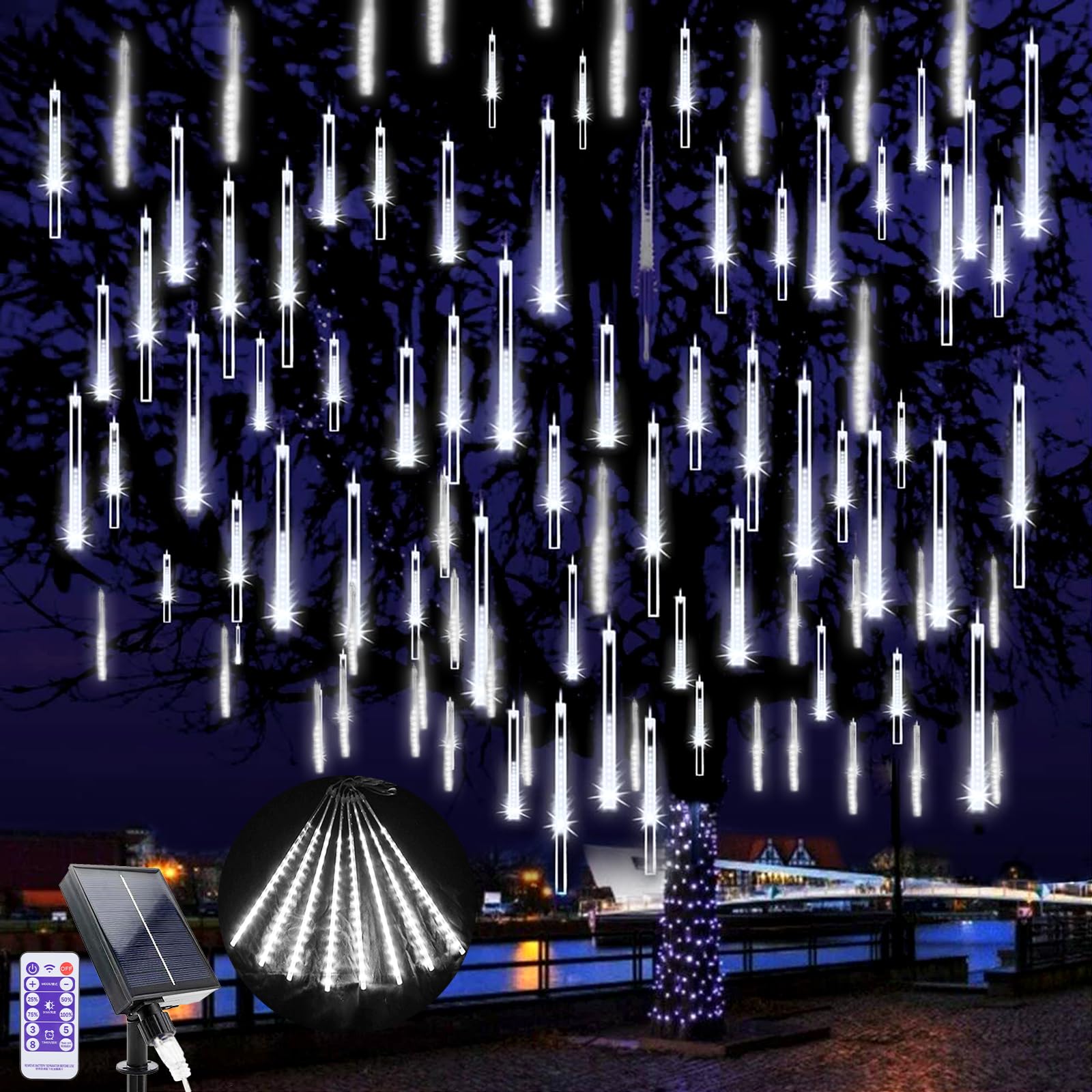GHONLZIN LED Solar Falling Christmas Lights, 240 LEDs Meteor Shower Rain Lighting, 10 Tubes 30cm Waterproof Christmas Lights for Xmas Tree Wedding Decoration (White)