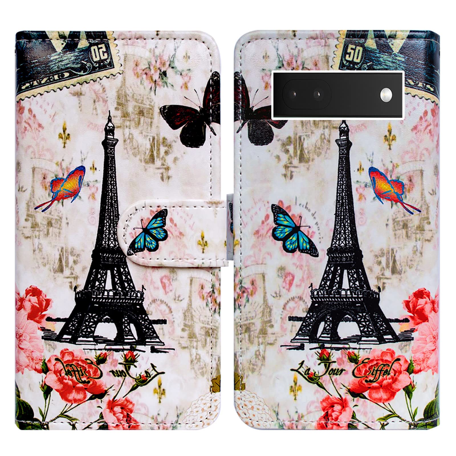 Bcov Pixel 6a Case, Paris Tower Butterfly Leather Flip Phone Case Wallet Cover with Card Slot Holder Kickstand For Google Pixel 6a