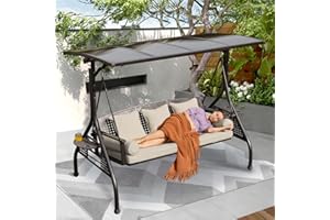 Yalissey 3-Seat Patio Porch Swing with Adjustable Hardtop,3 in 1 Convertible Outdoor Porch Swing for Adults,Patio Swing with Thicken Cushions,Pillows & Cup-Holders for Porch,Backyard,Garden (Beige)