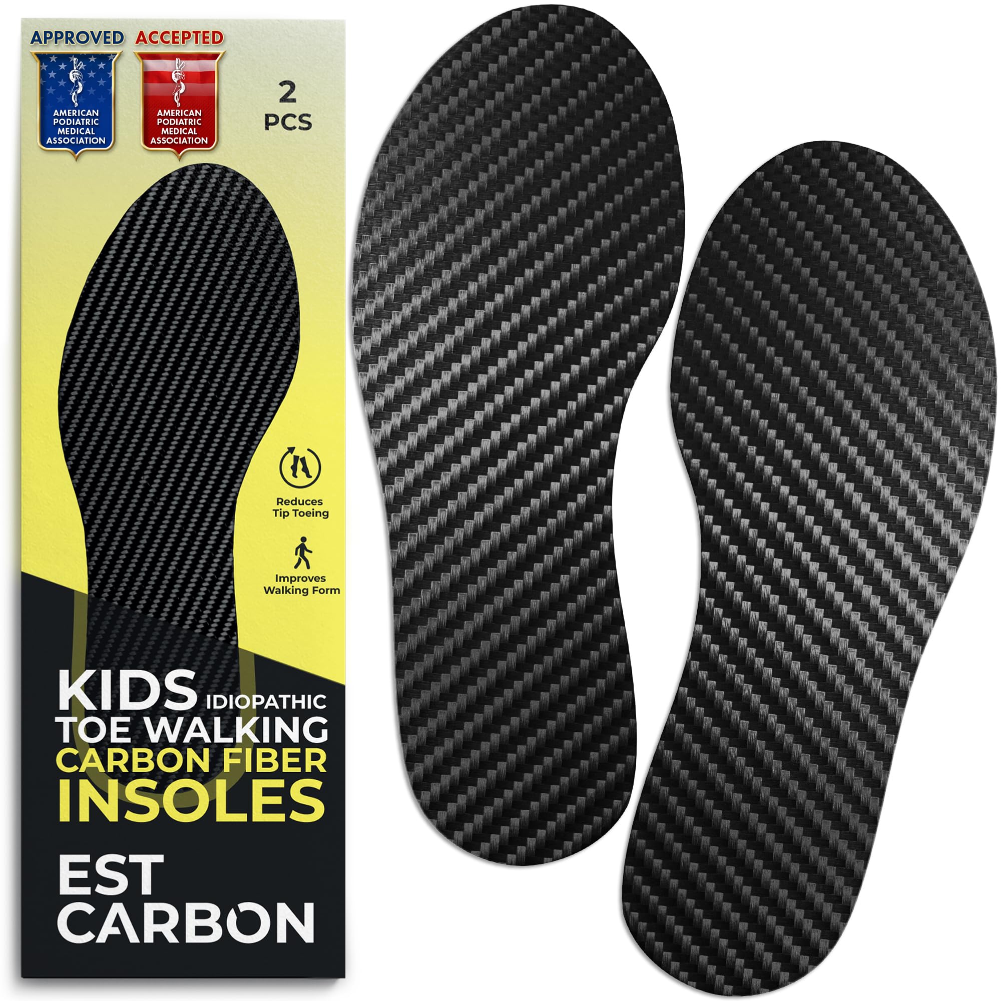 Photo 1 of EstCarbon - Kids Carbon Fiber Insoles - Youth Size 3, 2 Pieces - Orthotic Shoe Inserts - Tip Toe Walking Correction - Sports Footplate for Soccer Cleats, Sneakers, Shoes - FSA HSA Eligible