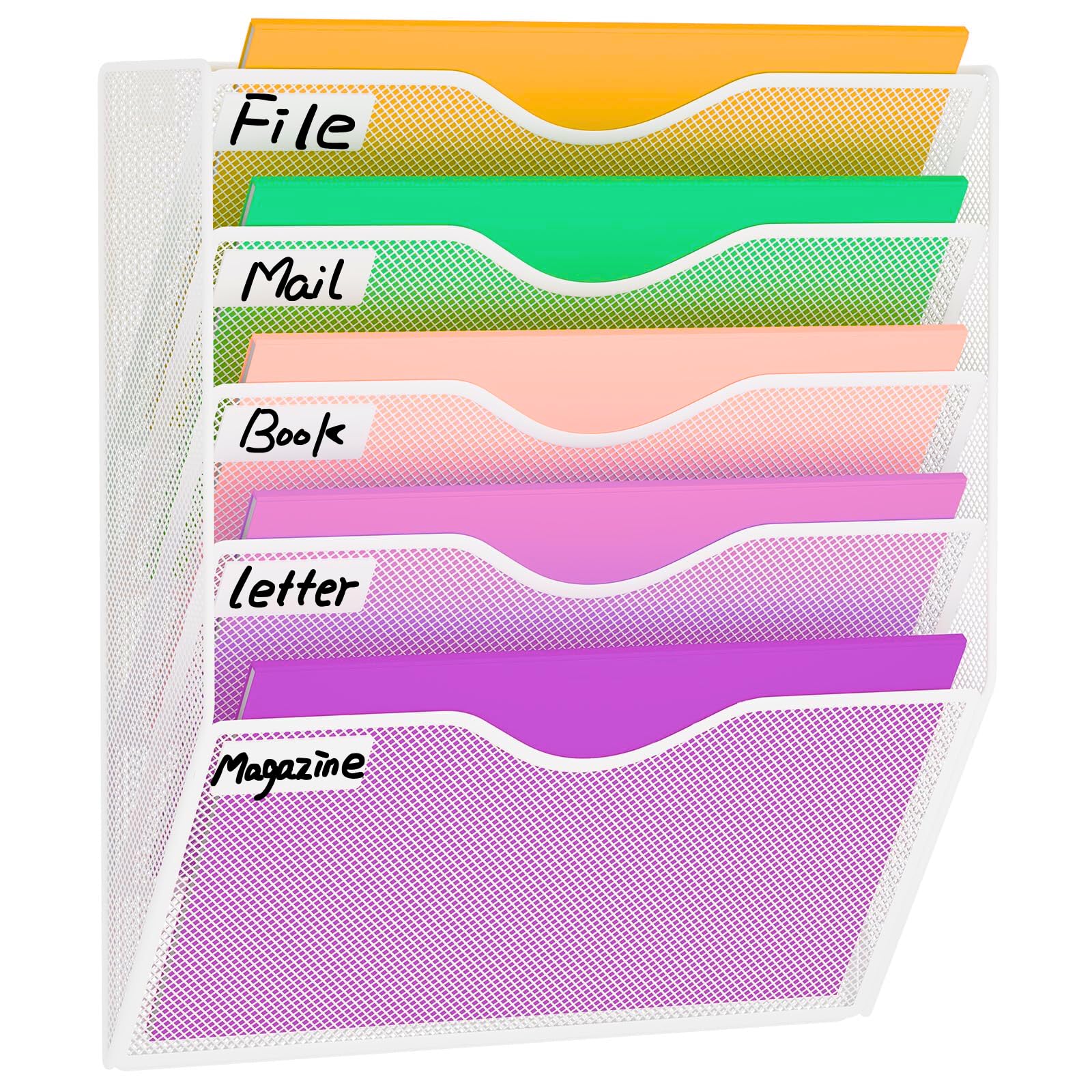 Photo 1 of Heavty 5 Pocket Wall File Holder Organizer, Mesh Hanging Wall Mounted Document Paper Folder Filing Magazine Rack with Nametag Label for Office Home School, 5 Tier White