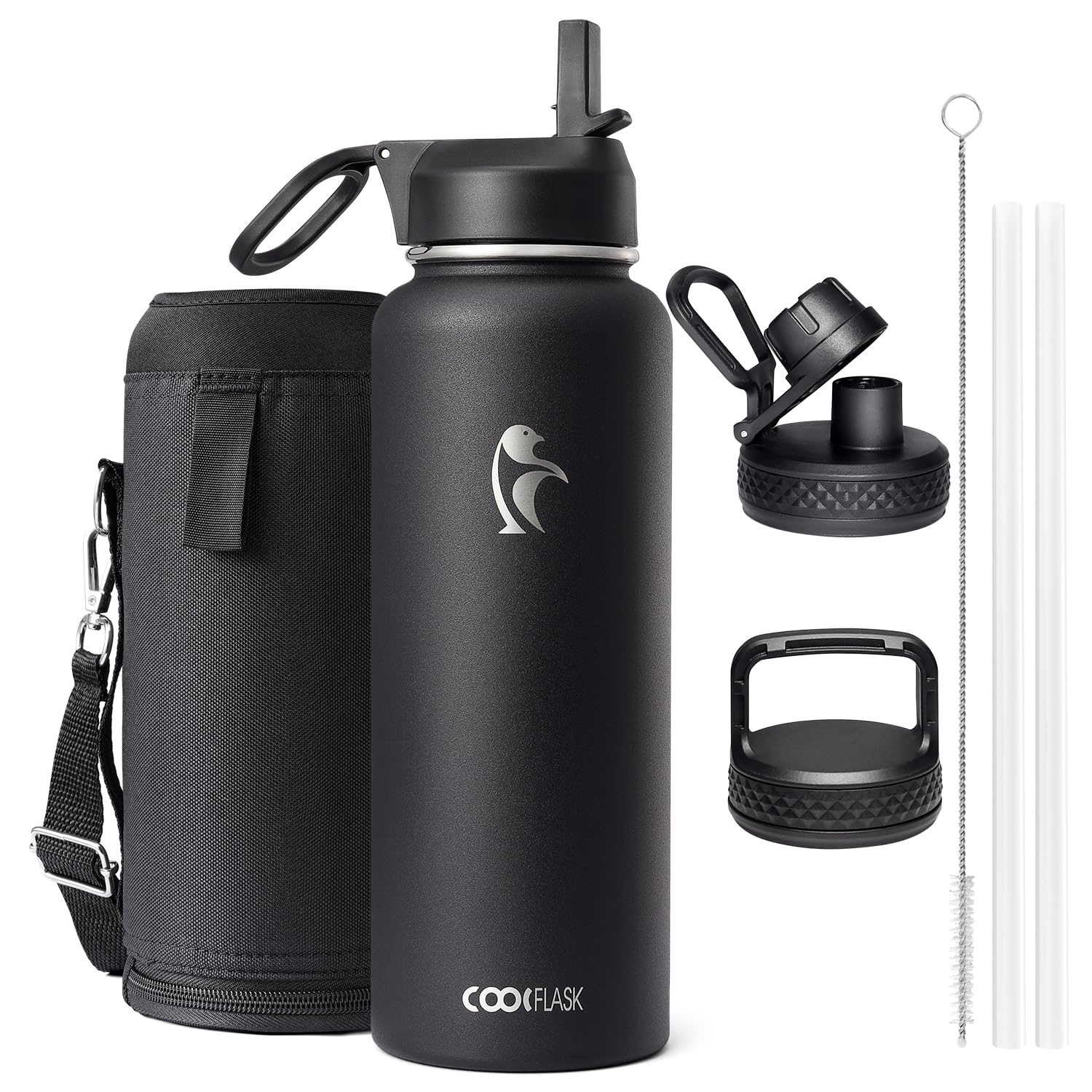Coolflask 1180ml Insulated Water Bottle with Straw & 3 Lids, Metal Water Bottle for Sports or Office, Double Vacuum Leak Proof Cold and Hot Water Bottle, Easy to Clean, Black