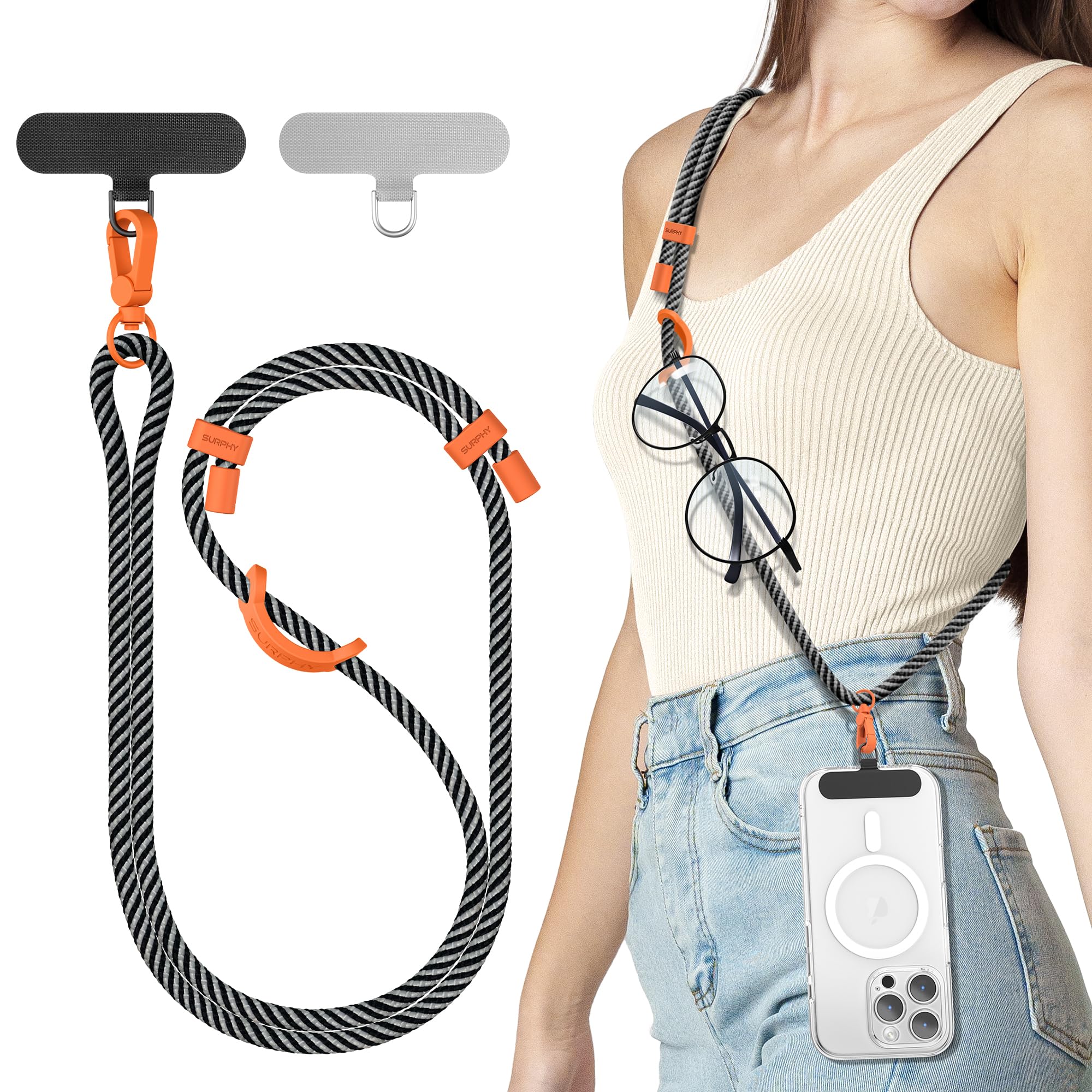 SURPHY Phone Lanyard with Patch, Adjustable Crossbody Phone Strap, Neck Phone Holder Compatible with Most Phones, Key Lanyard and more (Black & Grey)