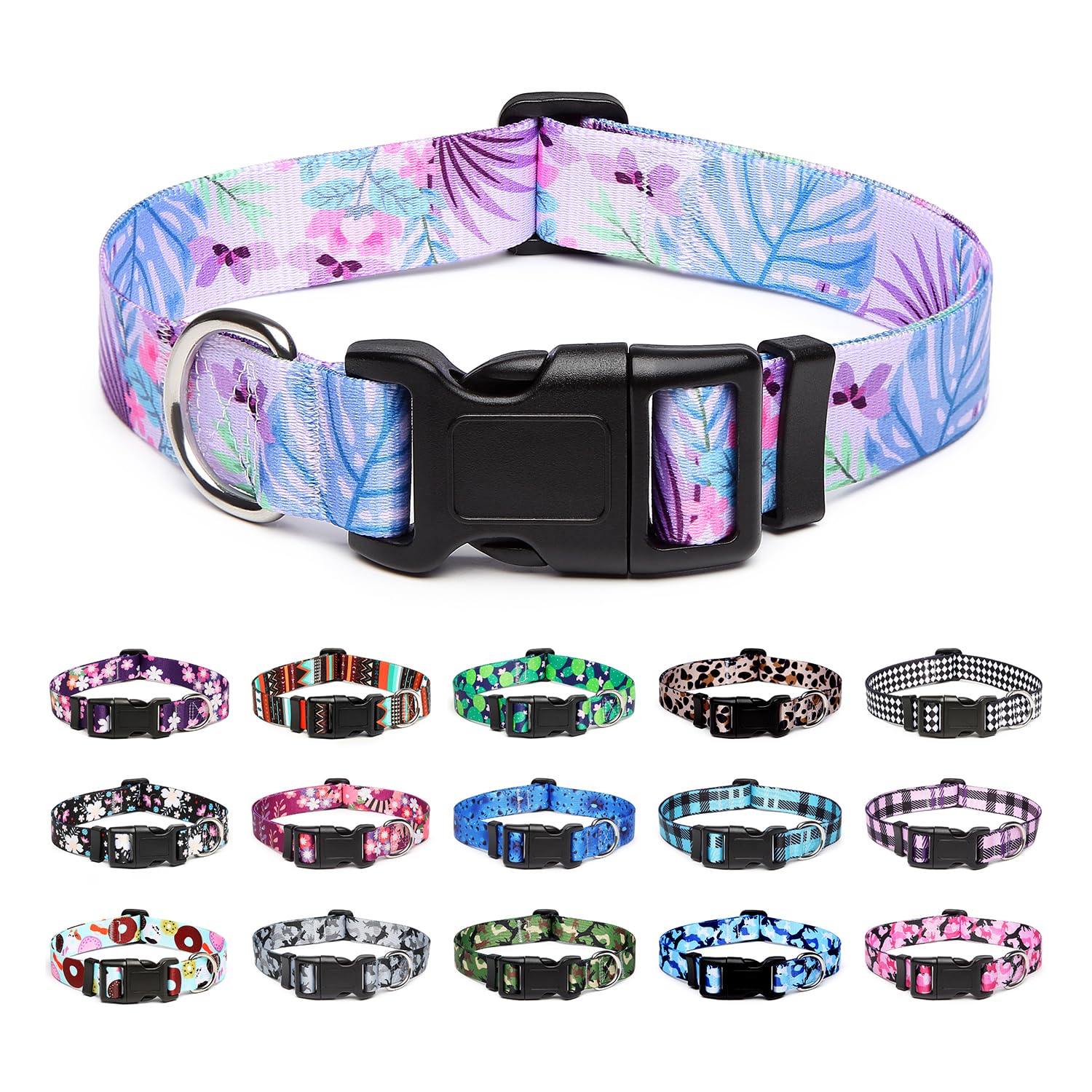 Mercano Adjustable Dog Collar - Special Design Patterns, Soft Nylon Comfortable Durable Pet Collar for Small Medium Large Dogs (M, Floral Purple)