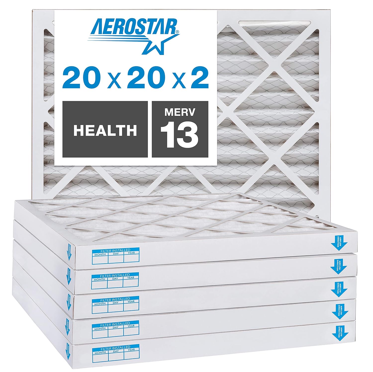 Aerostar Home Max 20x20x2 MERV 13 Pleated Air Filter, Made in the USA, 6-Pack