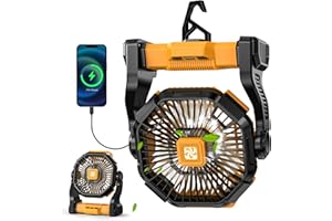 Doviluxe Camping Fan Rechargeable - Battery Powered Fans Light, 20000mAh Portable Camping Fan for Tents, Hook Rotation Battery Operated Fans for BBQ Travel Desk Beach with Ventilador Recargable