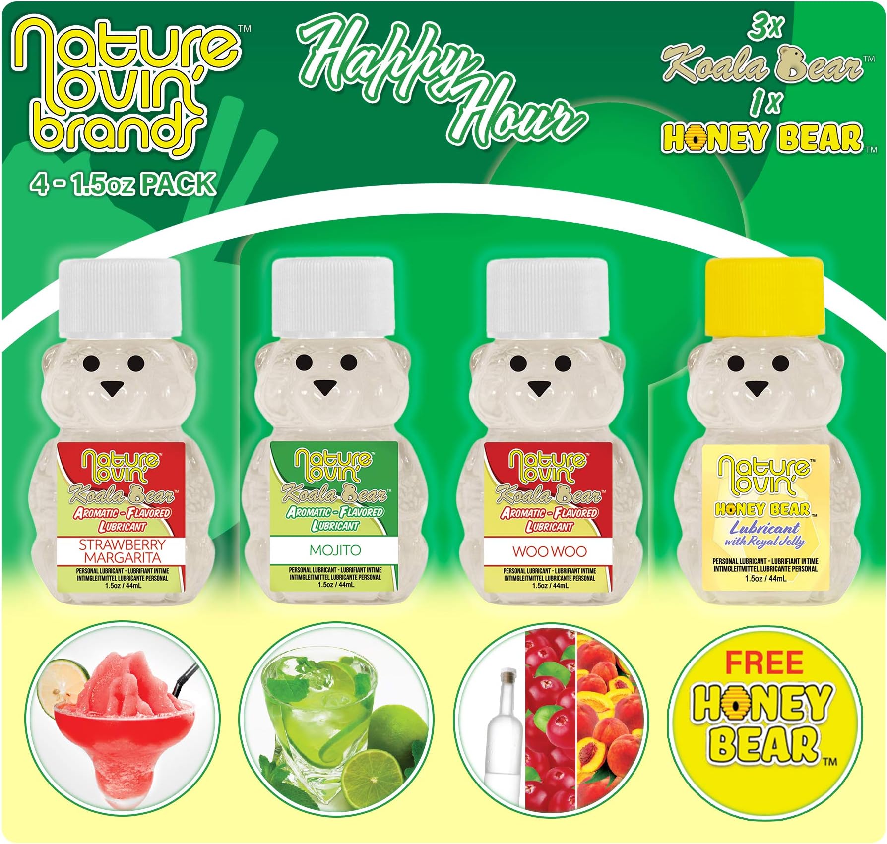 Nature Lovin' Koala Bear - Happy Hour Pack Flavored Personal Lubricant 4-1.5 oz Edible for Couples, Women & Men