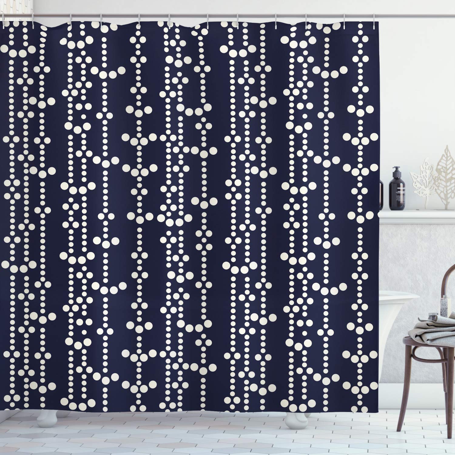 ABAKUHAUS Geometric Shower Curtain, Japanese Influenced Ornamental Vertical Dotted Pattern Traditional Vintage, Cloth Fabric Bathroom Decor Set with Hooks, 175 x 200 cm, Dark Blue Cream