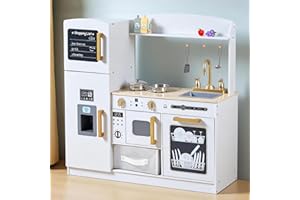 BUDDGO Play Kitchen Set for Kids, Wooden Kids Kitchen Playset with Real Lights & Sounds, Interactive Toy Kitchen with Felt Boxes for Storing Kitchen Utensils and Ice Maker Toy Accessories (Soft White)