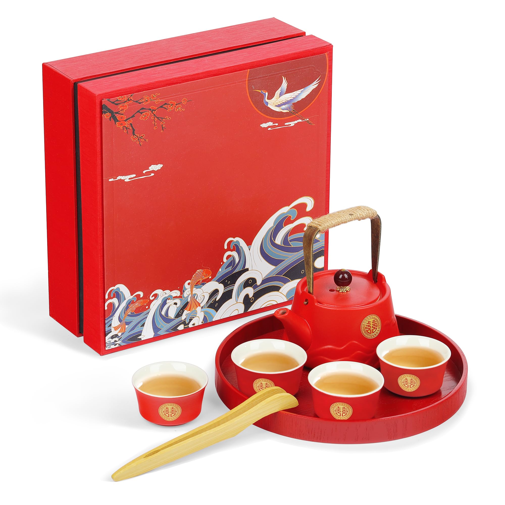 fanquare Chinese Kung Fu Tea Set Red Porcelain Japanese Travel Tea Pot Sets, China Tea Service for Men Women Gifts