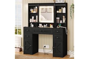 BTHFST Farmhouse Makeup Vanity with Lights & Sliding Mirror, Glass Top Vanity Desk with Charging Station, Large Makeup Table with 5 Drawers & Shelves & Cabinets, Wood-Grain Black