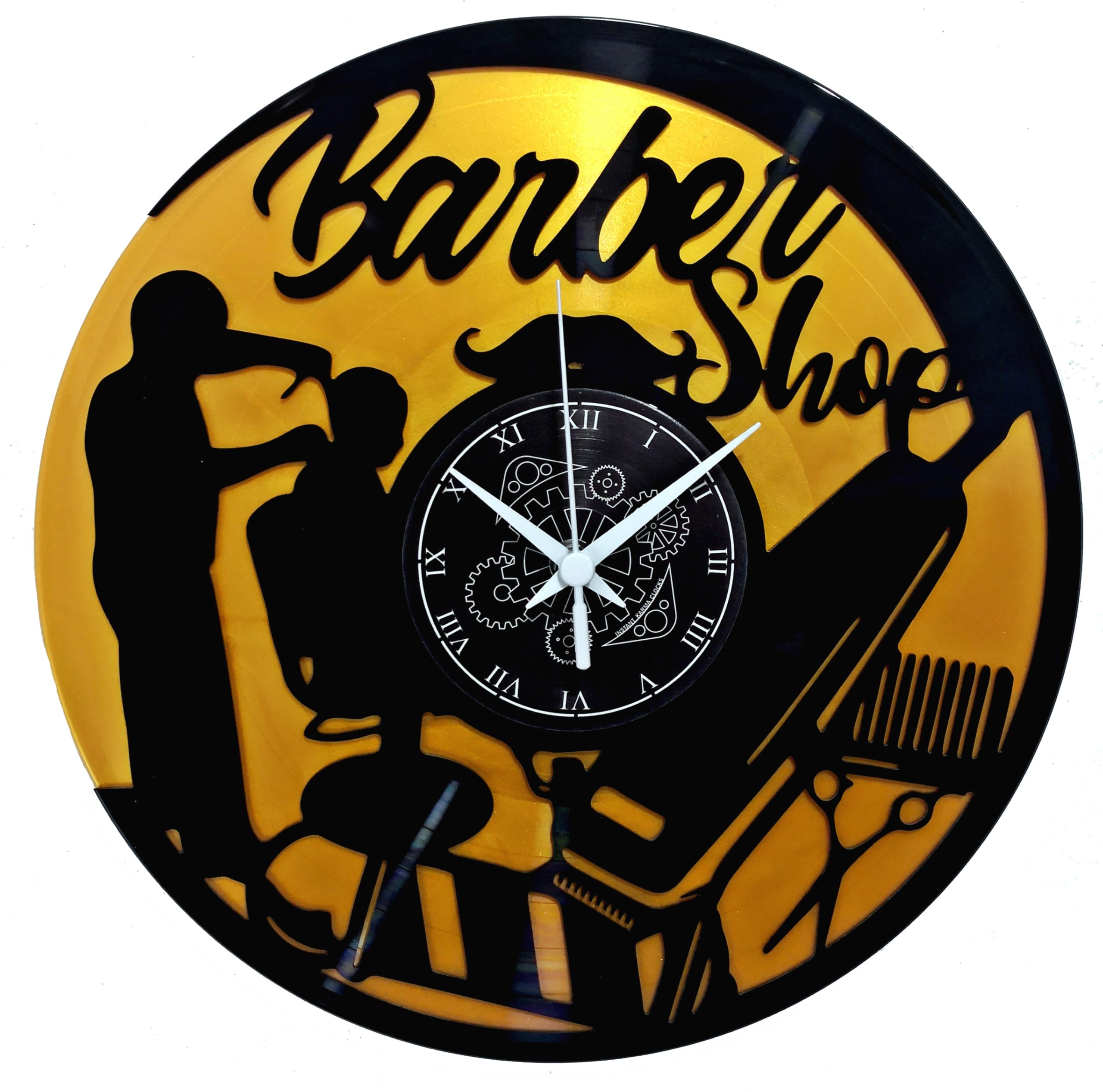 Instant Karma Clocks | Wall Clock | Barber Shop | Hair Salon | Hairdresser Stylist (Black And Gold B4)