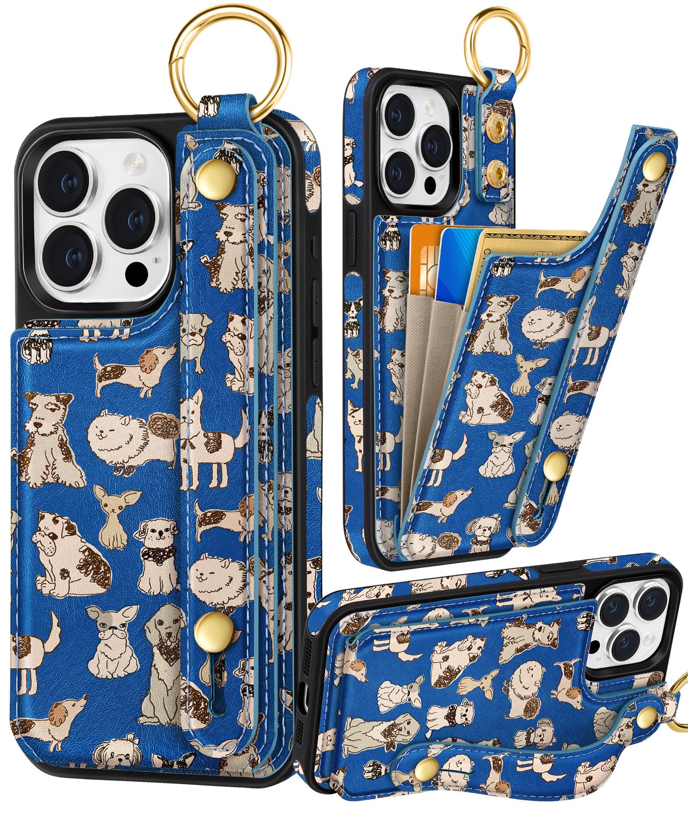 Photo 1 of Petitian for iPhone 15 Pro Max Case with Wallet - Women Girls Cute Girly Aesthetic Unique Design with Leather Credit Card Holder Cardholder Stand Wristband for Apple 15 Promax, Blue Dog