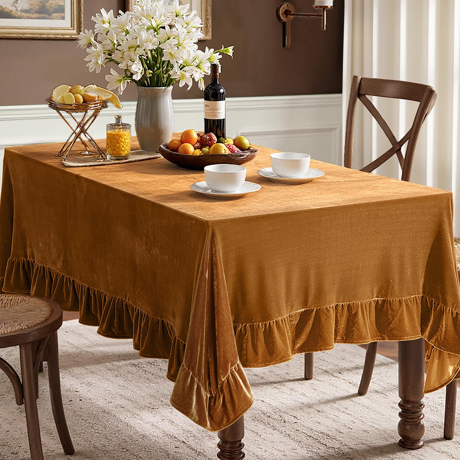 Photo 1 of MIULEE Velvet Table Cloth with Decorative Ruffle Edge Luxurious Soft Washable Rectangular Tablecloth Thick Wrinkle-Resistant Oblong Table Cover for Kitchen Dining Party Wedding 52x70 Inch, Gold