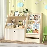 TOETOL Kids Bookshelf & Book Storage,4 Sling Wooden Toddler Book Shelf,2-Tier Wooden Open Bookcase & Storage Organizer Boxes for Nursery, Playroom, Bedroom