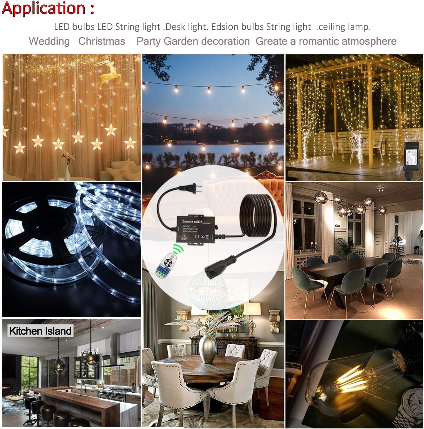 Outdoor Dimmer Switch Plug-in Dimmer Switch for String Lights, Max 800W Bulbs Dimmer Switch with 10 Ft Extension Cord 3 Prong 100 Ft Wireless Remote Control, Timer Function - - 