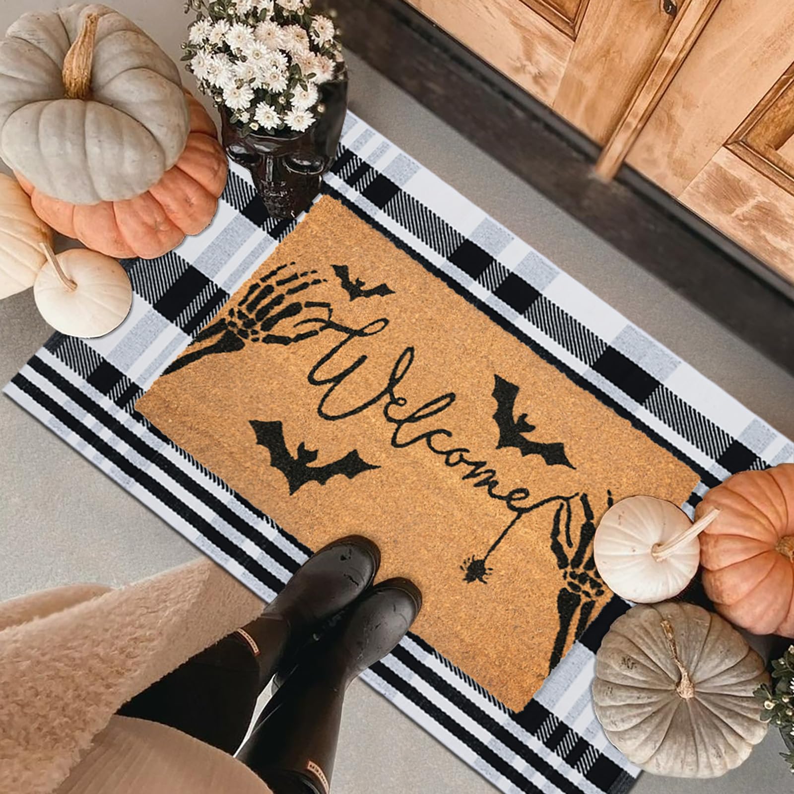 Photo 1 of Fallovea Halloween Welcome Door Mat Combo Set, Skeletal Hand Coco Coir Doormat -28" x 43" Black and White Striped Rug, Autumn Front Porch Entryway Decor Floor Mat
