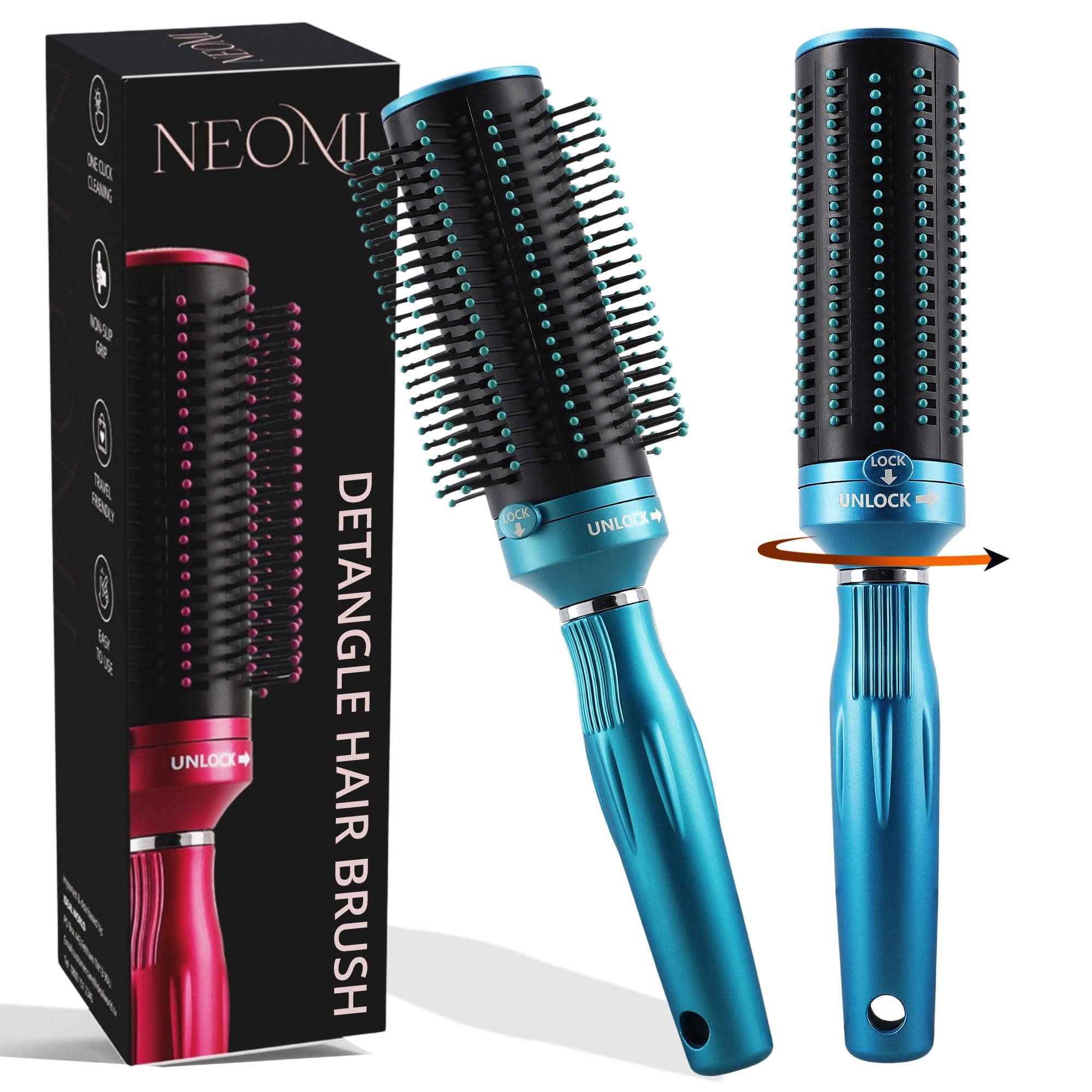 TJC Retractable Detangle Hair Brush for Curly, Straight & Wet Hair - Detangling Round Hairbrush for Blow Dry - Soft Bristle for Long, Thick & Curly Hair - Easy Clean Travel Brush - Light Blue