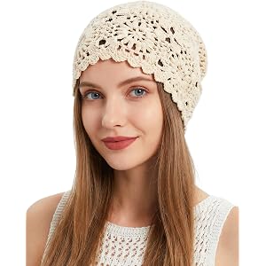 Ababalaya Women's 100% Cotton Handmade Crochet Hat Boho Beanie Handmade Knit Skull Caps for All Seasons