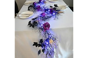 HamiFinee Halloween Dead Branch Garland Lights with Timer 6 Feets Rose Vine with Black Maple Leaves and Golden Skeleton Hands Battery Operated Black Branch Lighted Garland for Halloween Party Decor
