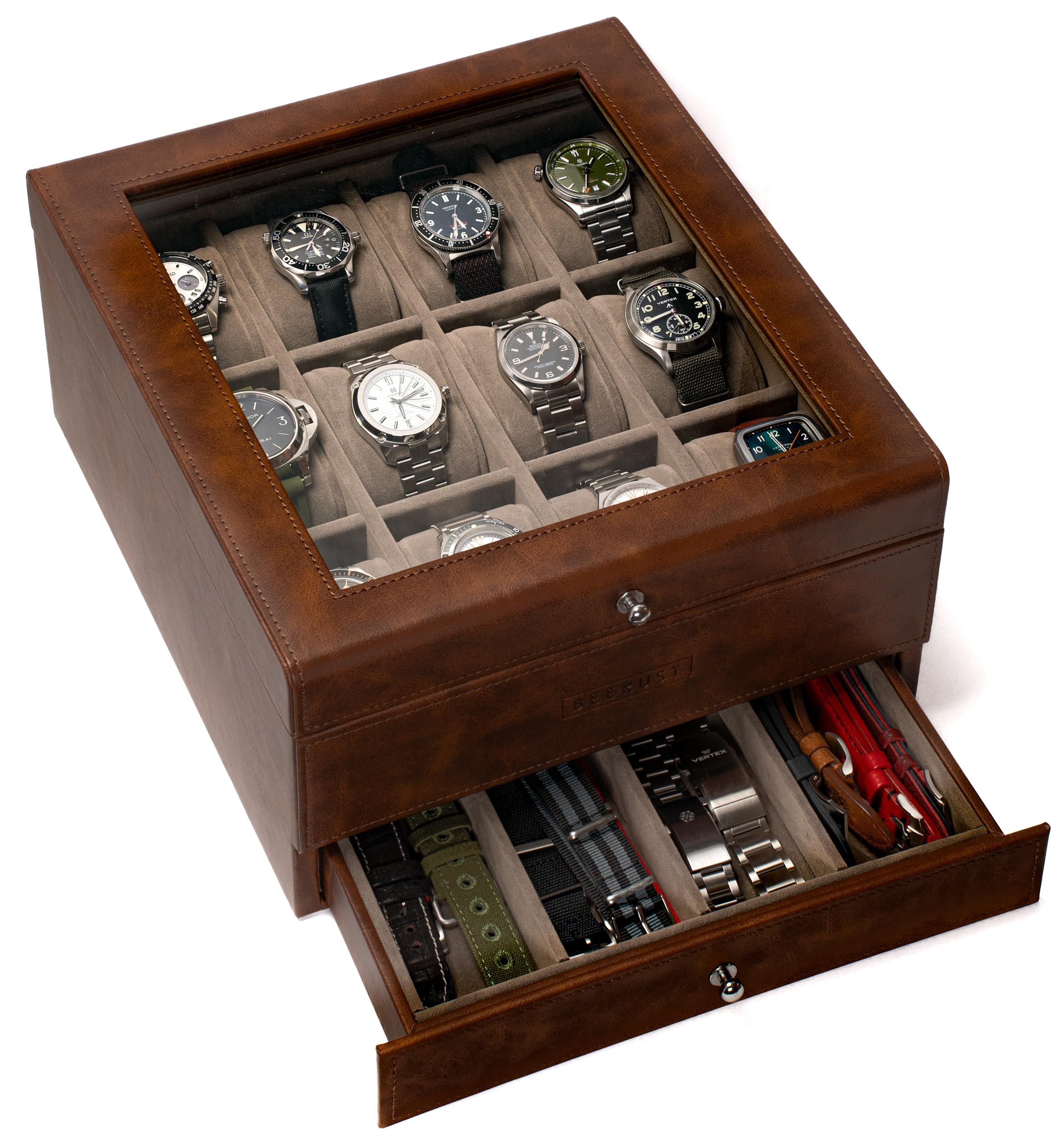 BEERUST 12 Slot Leather Watch Box Organizer for Men - Display Case with Valet Drawer - Ideal for Large Wrist Watches and Jewelry