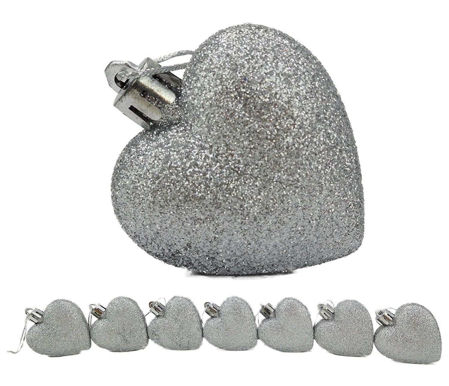 Toyland® 8 x 5cm SILVER Glitter + Matt Heart Shaped Christmas Tree Baubles
