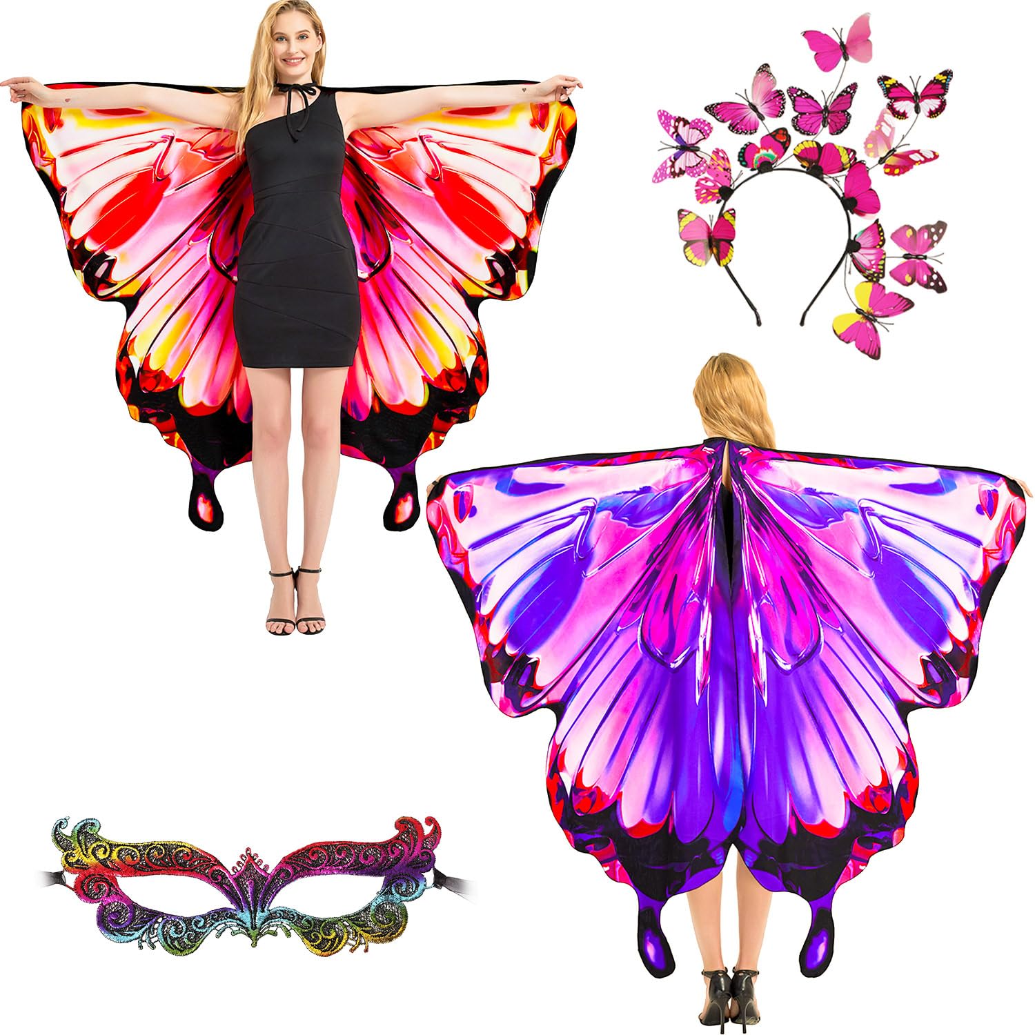 plainshe Butterfly Wings Double-Sided, Fairy Wings for Adults, Halloween Costumes for Women, 3PCS Butterfly Cape Set (Double-Sided 5)