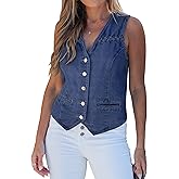 luvamia Denim Vest Women Trendy Button Down Braided Adjustable Waist Western Casual Sleeveless Jean Waistcoat Vests Top