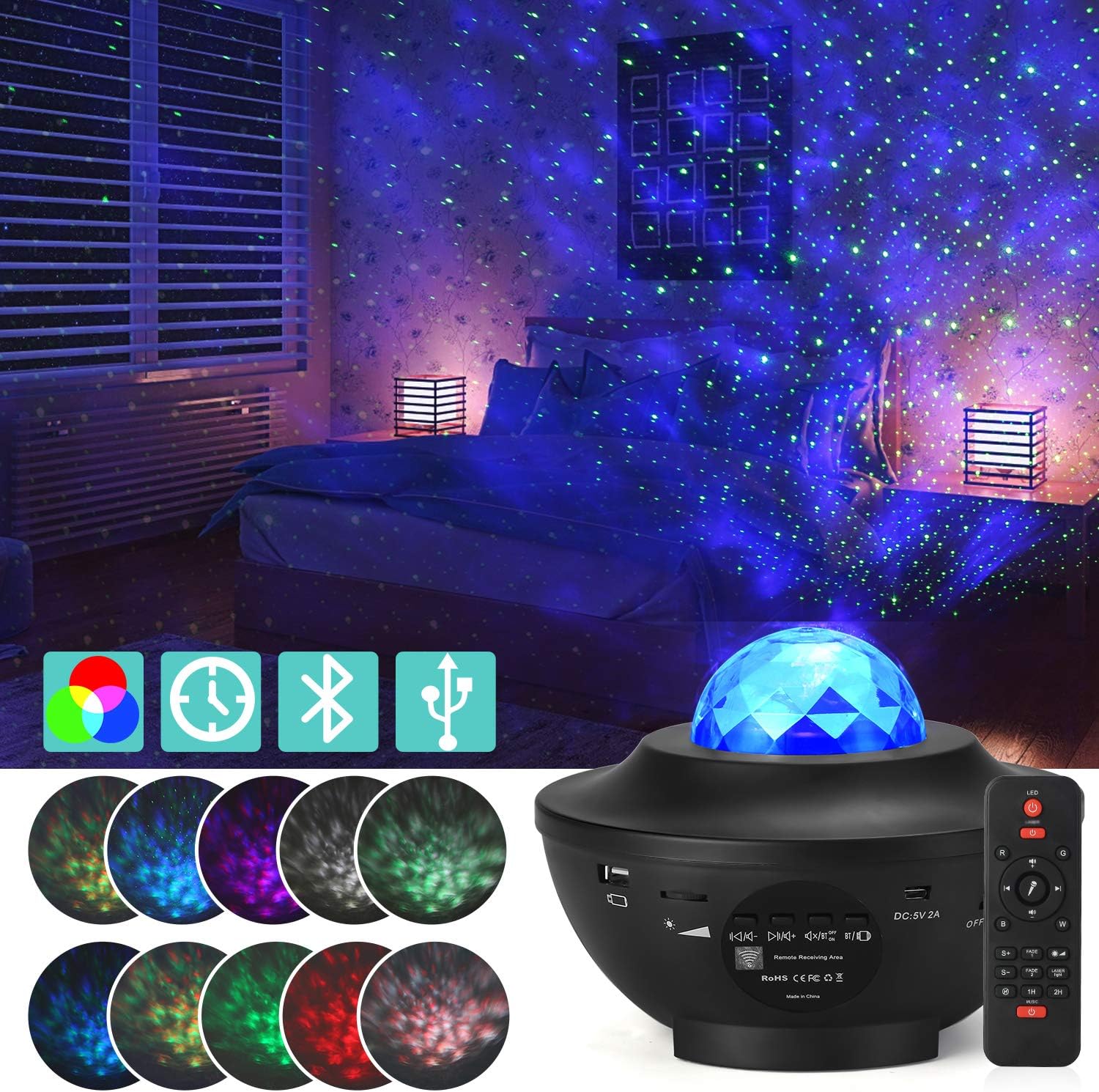 Refaney Kids Dynamic Starry LED Night Light Projector with Remote, Cool 21 Modes Star with Music Lights Up Children's Night on The Bed [Timer, Dimmable, Rechargeable, Play simultaneously, USB Port]