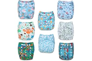 TDIAPERS Cloth Diapers Washable Reusable One Size Adjustable for Baby 8 Pack with 6 Inserts, 1 Wet Bag