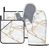 Oven Mitts and Pot Holders Sets White Gold Marble Kitchen Accessories of 4 Heat Resistant Oven Gloves Hot Pads with Non-Slip Silicone Surface for Chef Cooking Baking
